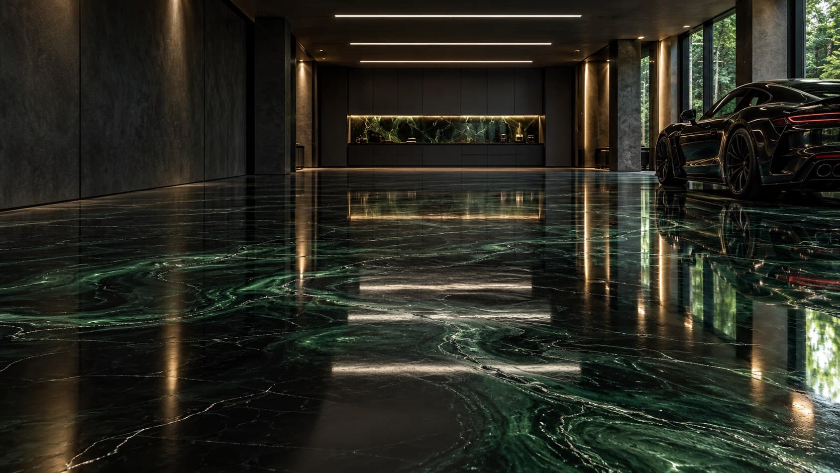 After concept: glossy emerald metallic epoxy garage